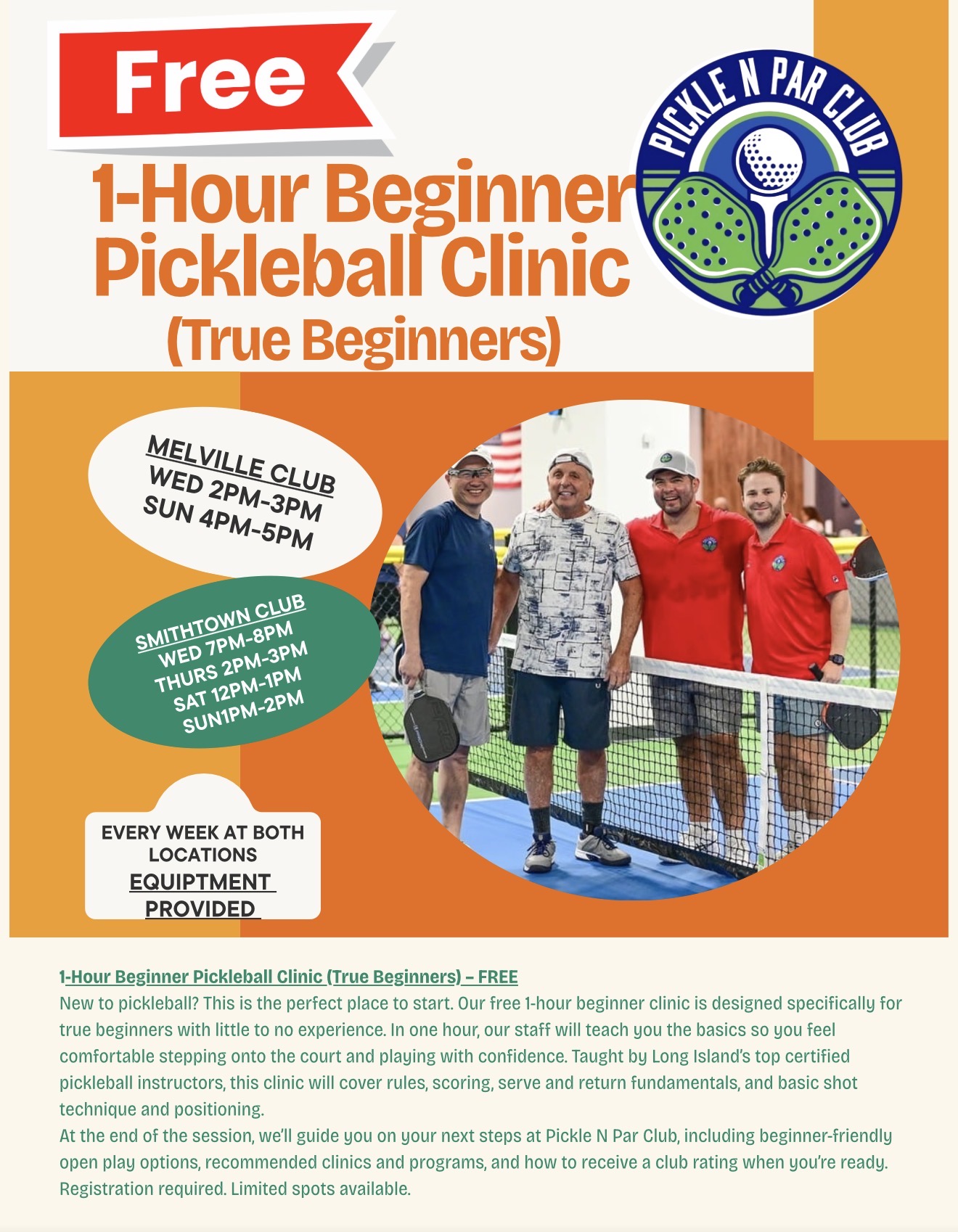 1-Hour Beginner Pickleball Clinic (True Beginners) - Smithtown Club